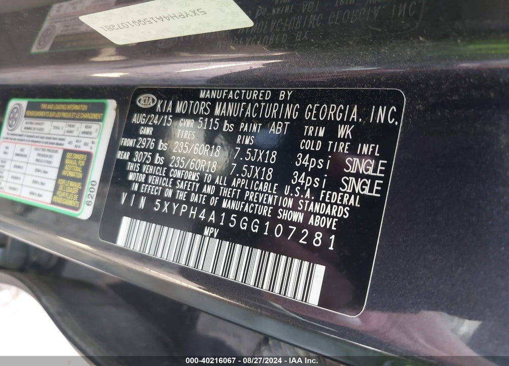 2016 KIA SORENTO 2.0T EX VIN: 5XYPH4A15GG107281