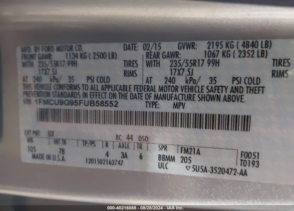 2015 FORD ESCAPE SE VIN: 1FMCU9G95FUB58552