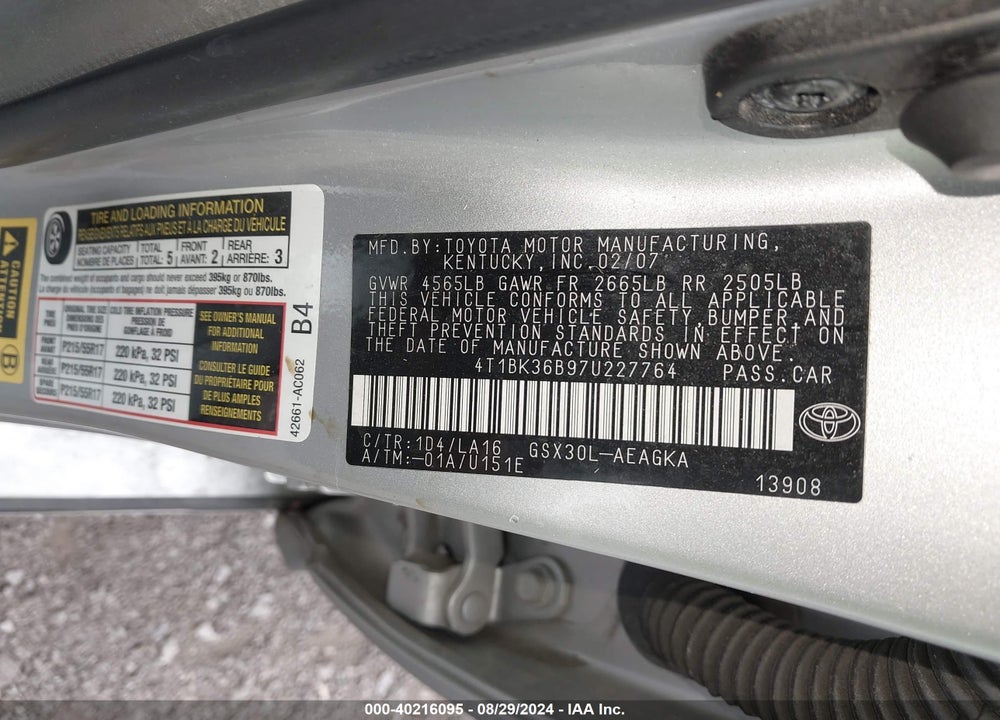 2007 TOYOTA AVALON XLS VIN: 4T1BK36B97U227764