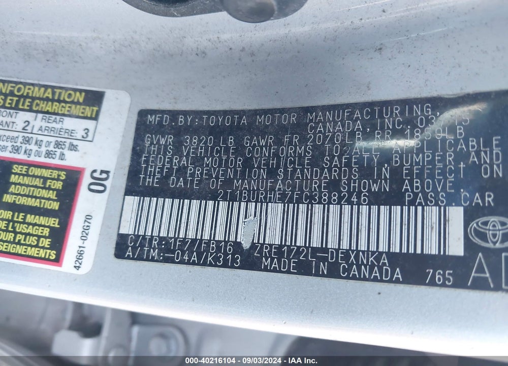 2015 TOYOTA COROLLA LE VIN: 2T1BURHE7FC388246