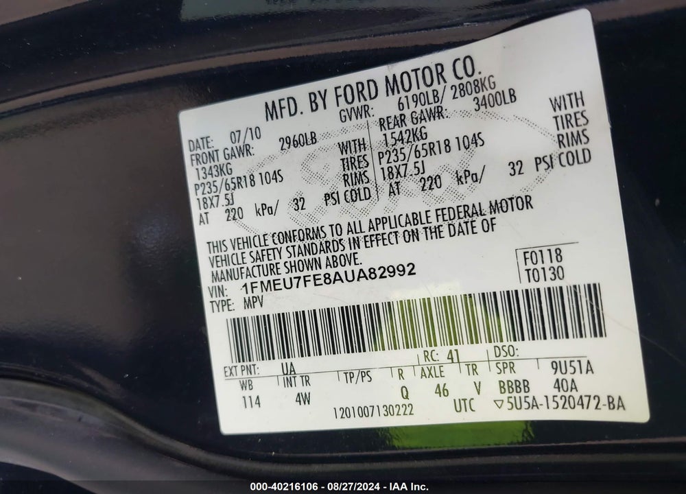 2010 FORD EXPLORER LIMITED VIN: 1FMEU7FE8AUA82992