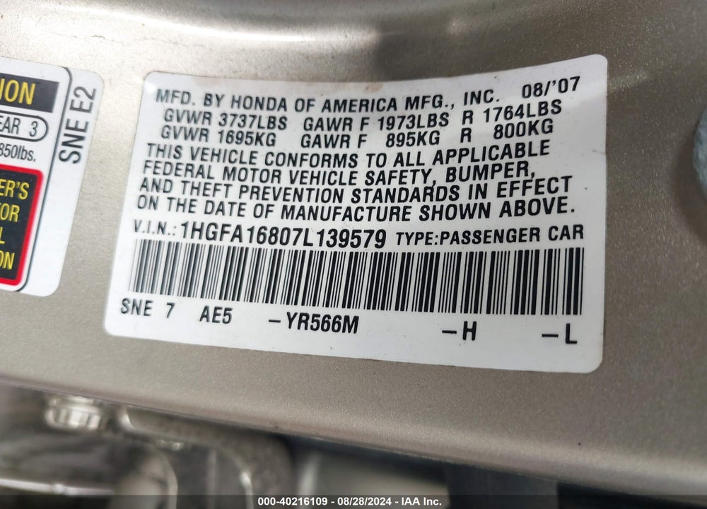 2007 HONDA CIVIC EX VIN: 1HGFA16807L139579