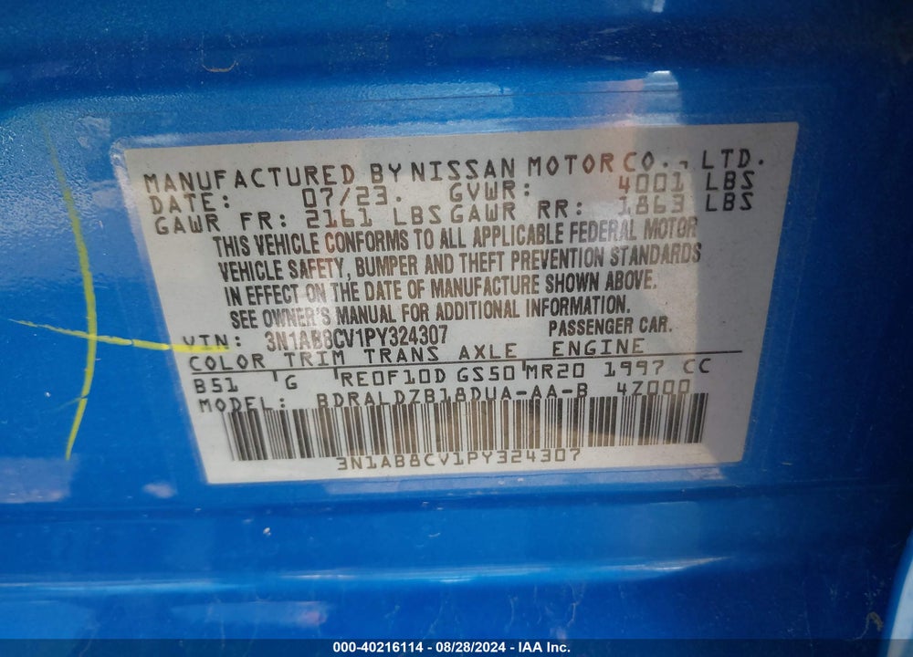 2023 NISSAN SENTRA SV XTRONIC CVT VIN: 3N1AB8CV1PY324307