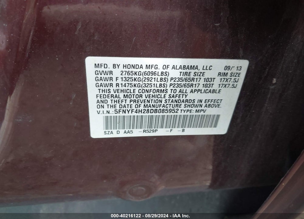 2013 HONDA PILOT LX VIN: 5FNYF4H28DB085952