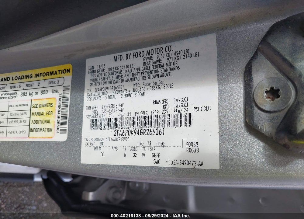 2016 FORD FUSION VIN: 3FA6P0K94GR265361