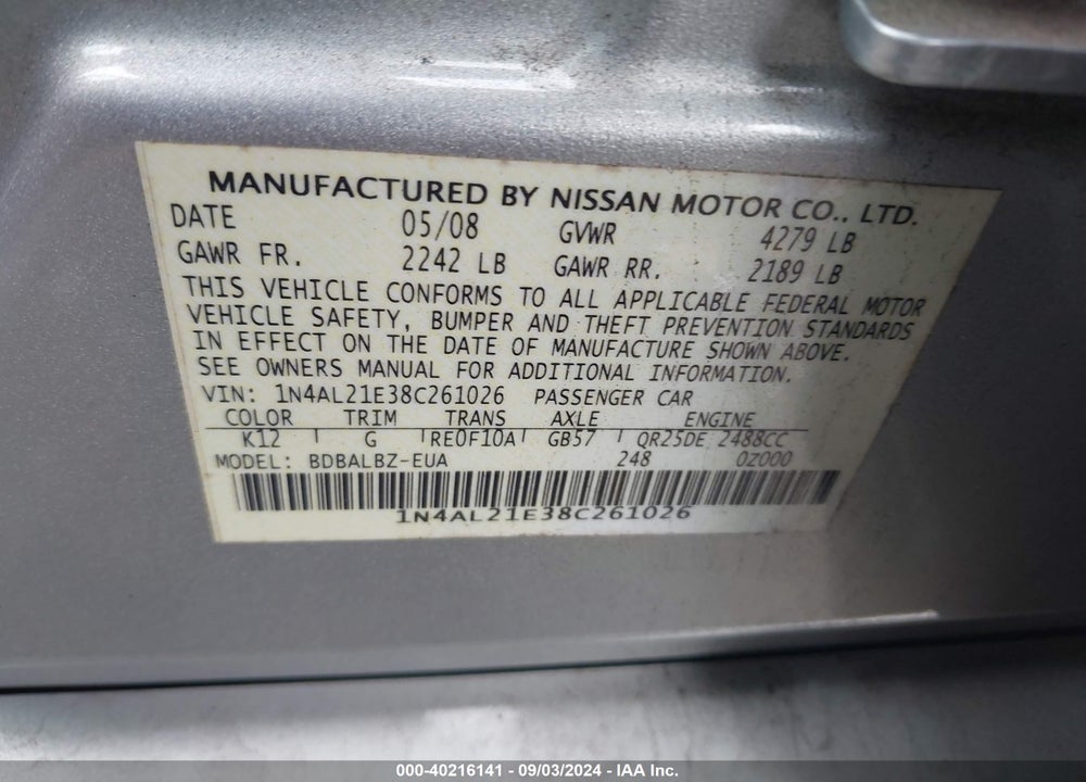 2008 NISSAN ALTIMA 2.5 S VIN: 1N4AL21E38C261026