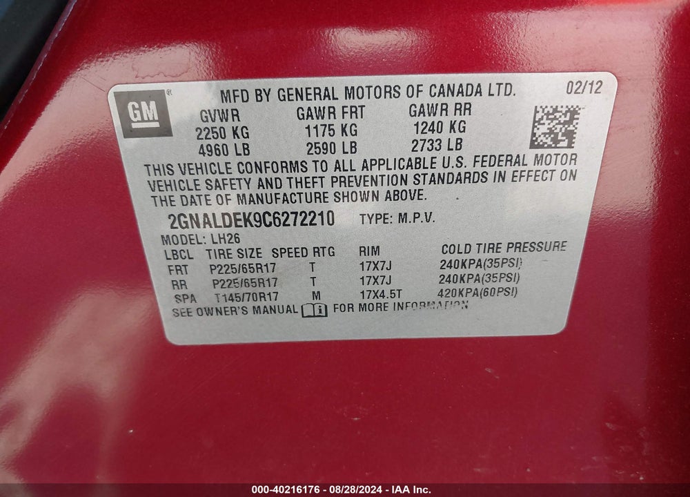2012 CHEVROLET EQUINOX 1LT VIN: 2GNALDEK9C6272210
