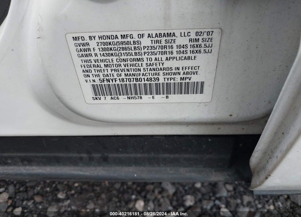 2007 HONDA PILOT VIN: 5FNYF18707B014839