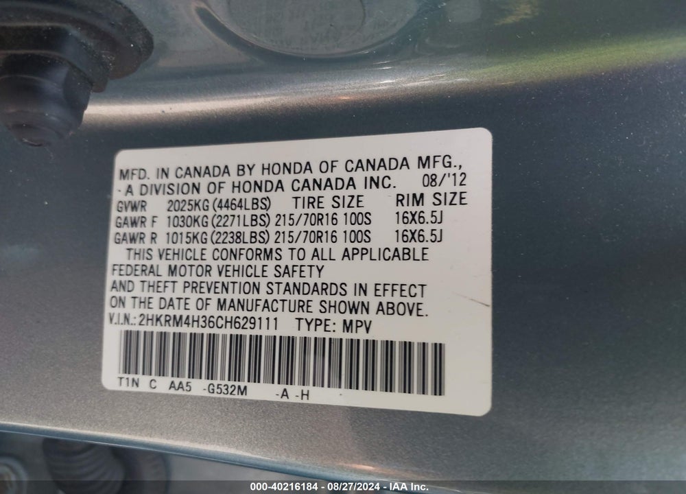 2012 HONDA CR-V LX VIN: 2HKRM4H36CH629111