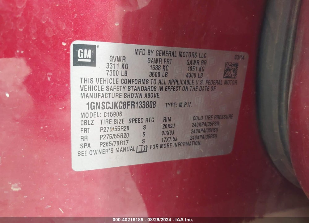 2015 CHEVROLET SUBURBAN 1500 LT VIN: 1GNSCJKC8FR133808