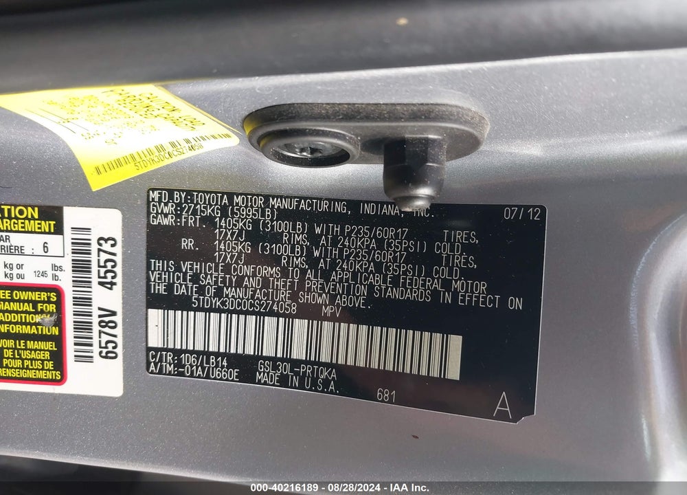 2012 TOYOTA SIENNA XLE V6 8 PASSENGER VIN: 5TDYK3DC0CS274058