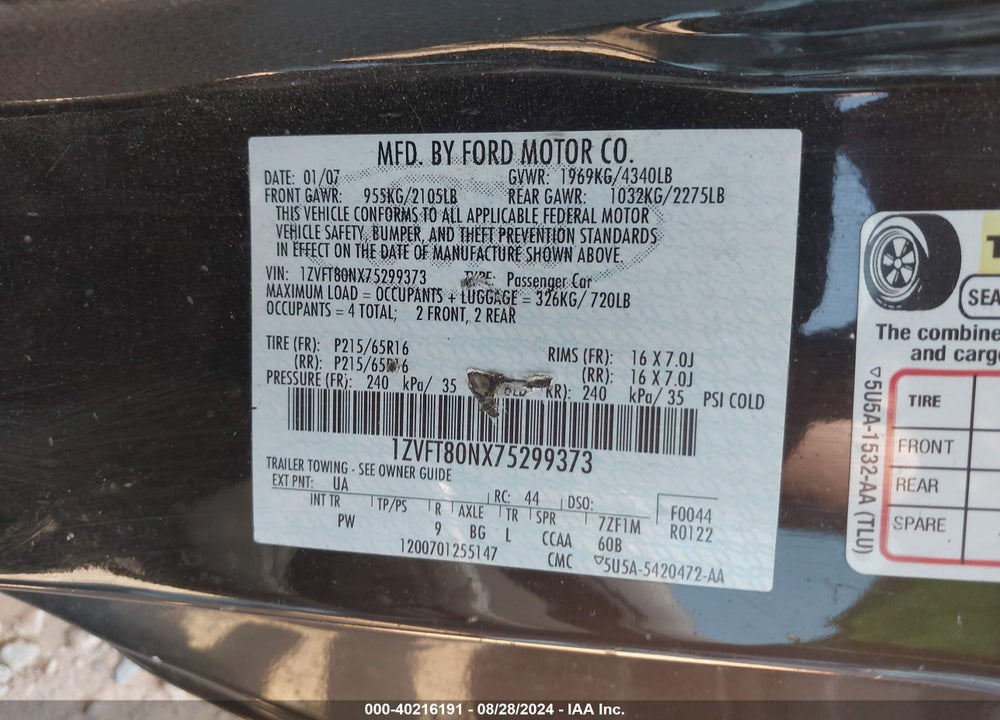 2007 FORD MUSTANG V6 DELUXE/V6 PREMIUM VIN: 1ZVFT80NX75299373