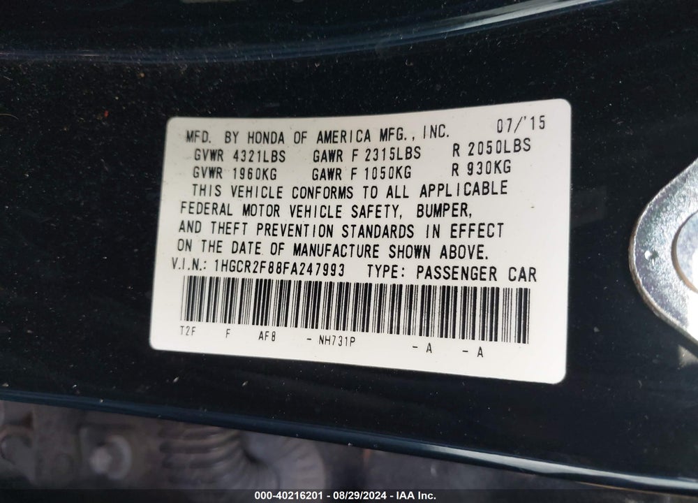 2015 HONDA ACCORD EX-L VIN: 1HGCR2F88FA247993