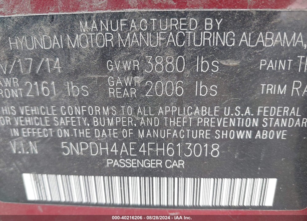 2015 HYUNDAI ELANTRA VIN: 5NPDH4AE4FH613018