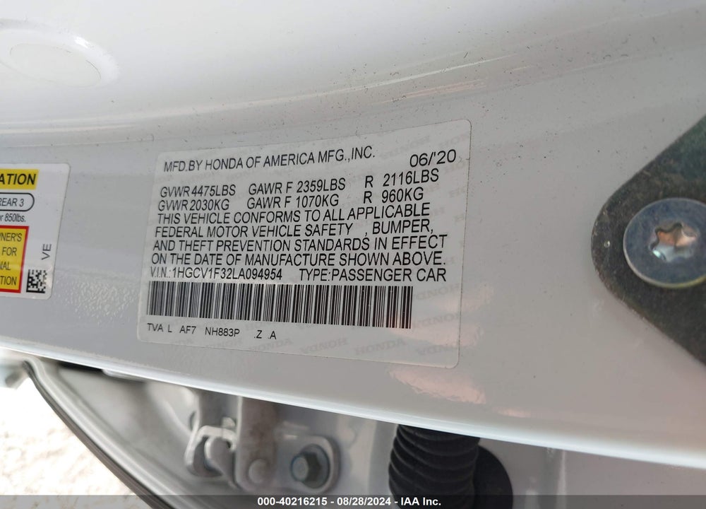 2020 HONDA ACCORD SPORT VIN: 1HGCV1F32LA094954