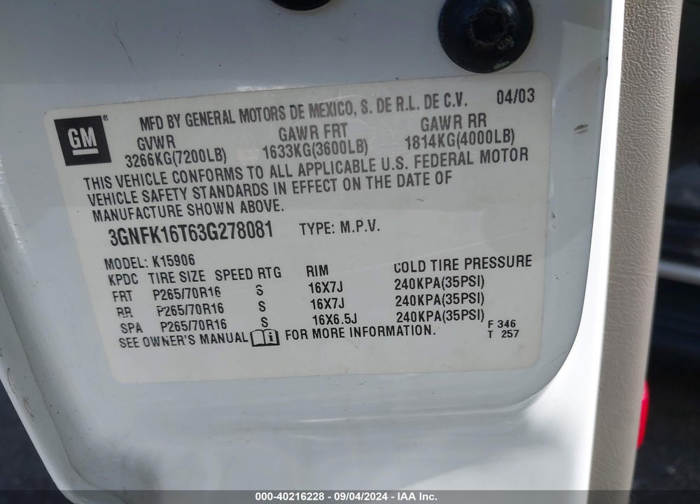 2003 CHEVROLET SUBURBAN 1500 VIN: 3GNFK16T63G278081