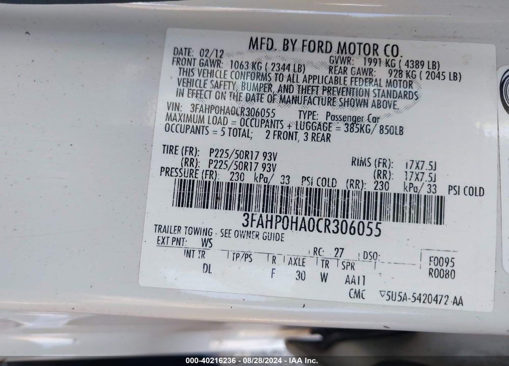 2012 FORD FUSION VIN: 3FAHP0HA0CR306055