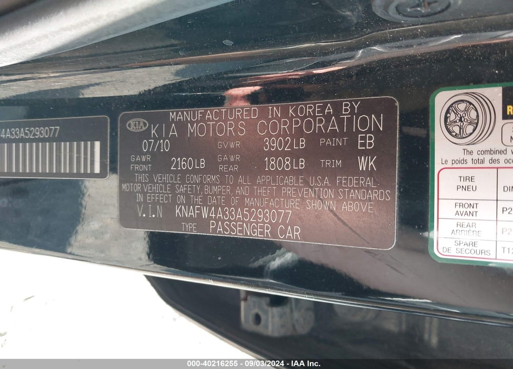 2010 KIA FORTE SX VIN: KNAFW4A33A5293077