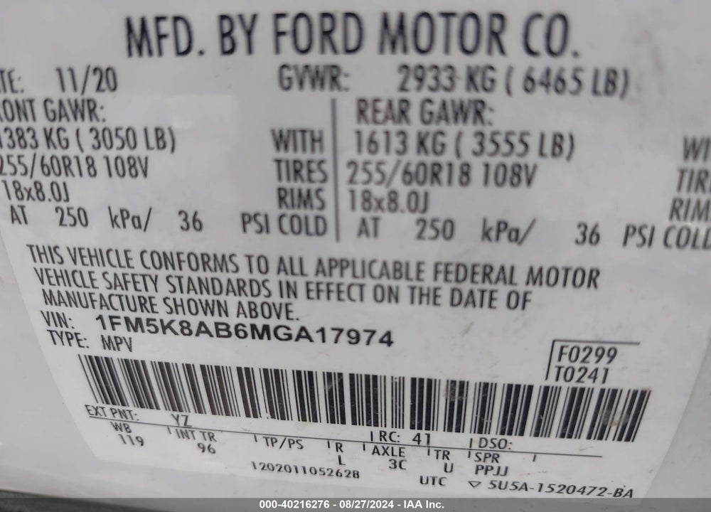 2021 FORD POLICE INTERCEPTOR UTILITY VIN: 1FM5K8AB6MGA17974