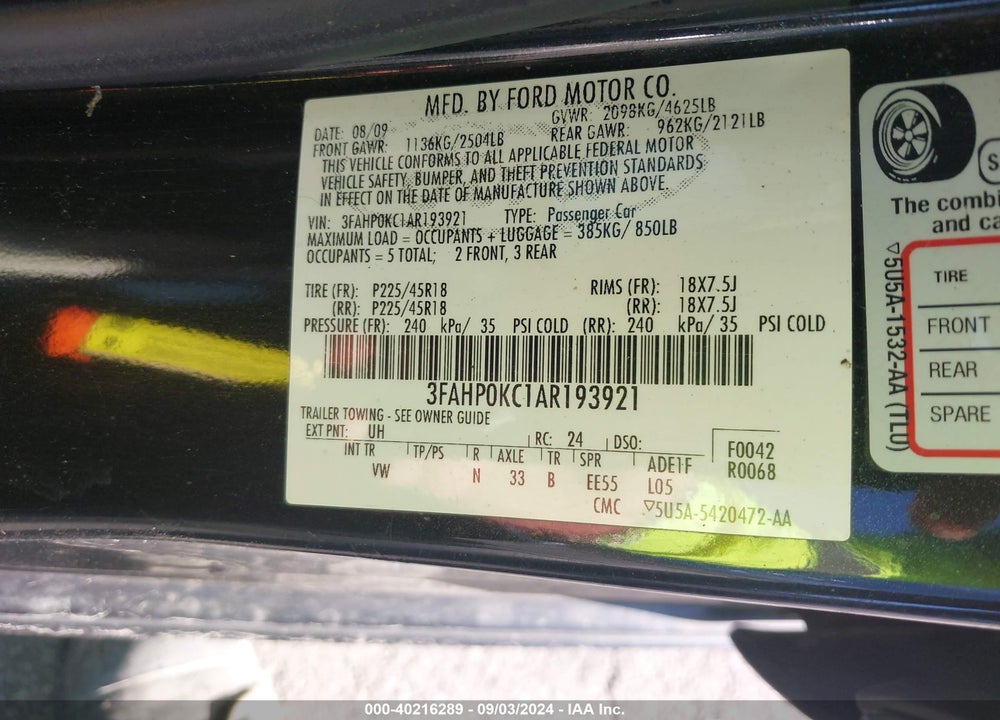 2010 FORD FUSION SPORT VIN: 3FAHP0KC1AR193921