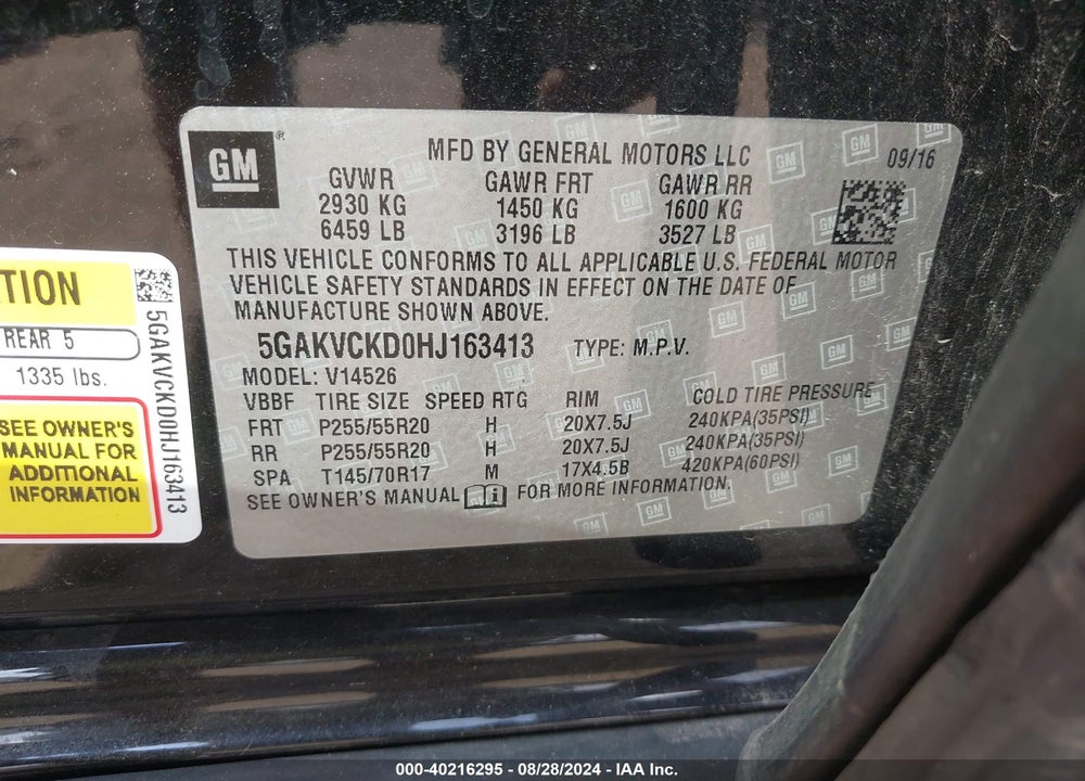 2017 BUICK ENCLAVE PREMIUM VIN: 5GAKVCKD0HJ163413