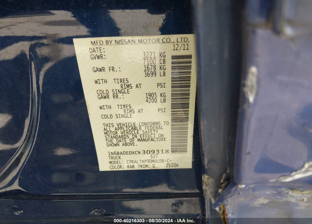 2012 NISSAN TITAN SV VIN: 1N6BA0EDXCN309318