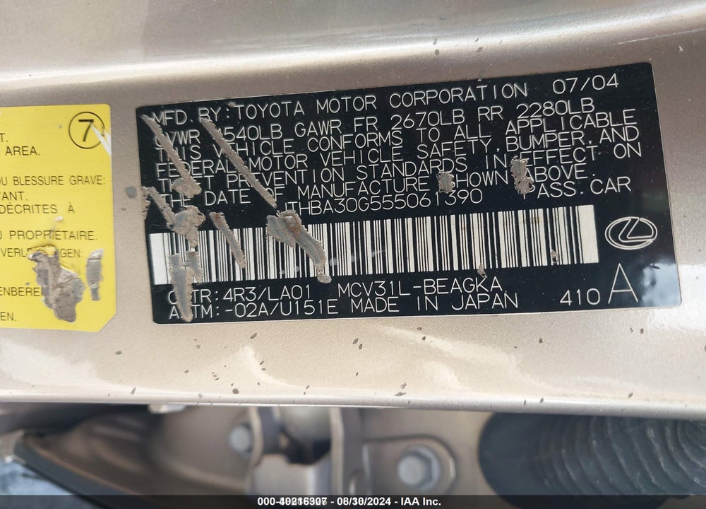2005 LEXUS ES 330 VIN: JTHBA30G555061390