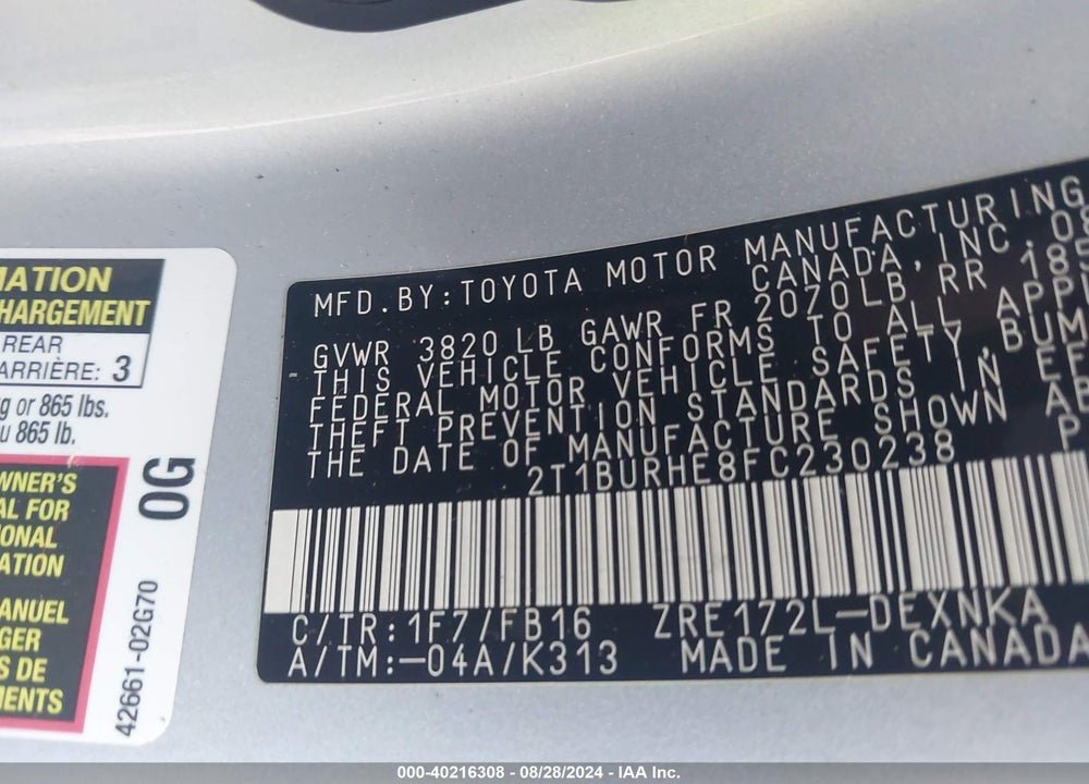 2015 TOYOTA COROLLA LE VIN: 2T1BURHE8FC230238