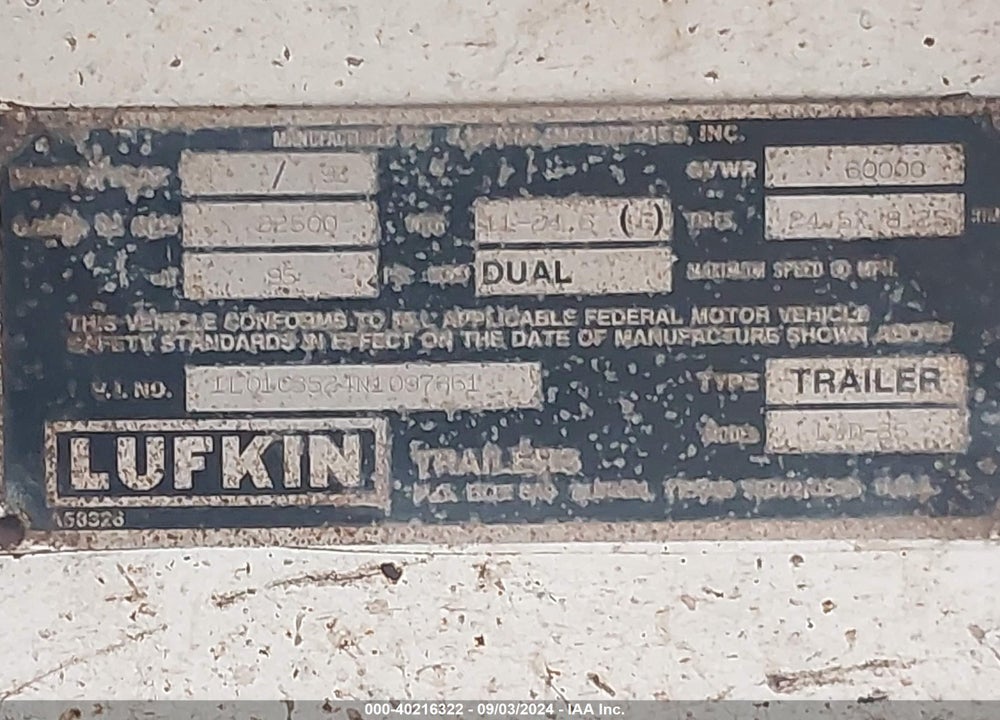 1992 LUFKIN INDUSTRIES DUMP VIN: 1L01C3524N1097861