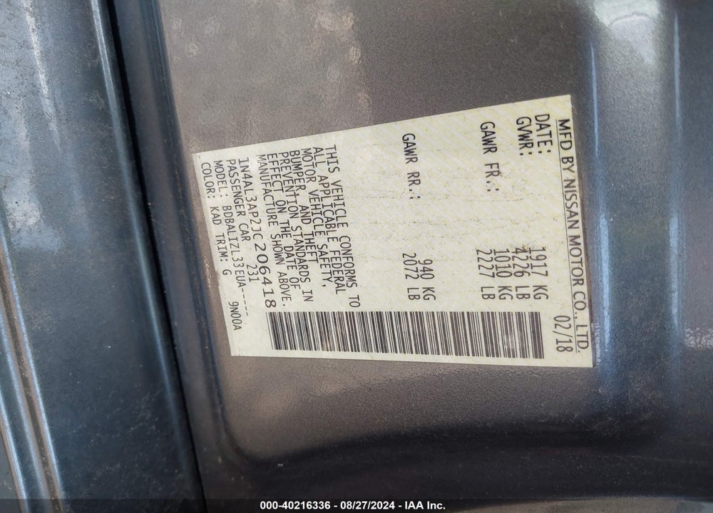 2018 NISSAN ALTIMA 2.5 SV VIN: 1N4AL3AP2JC206418
