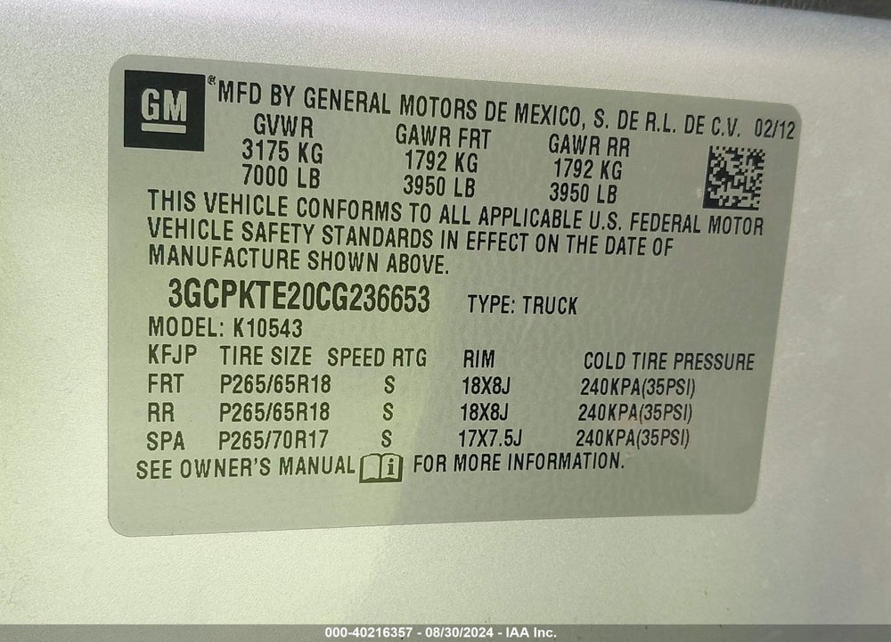 2012 CHEVROLET SILVERADO 1500 LTZ VIN: 3GCPKTE20CG236653