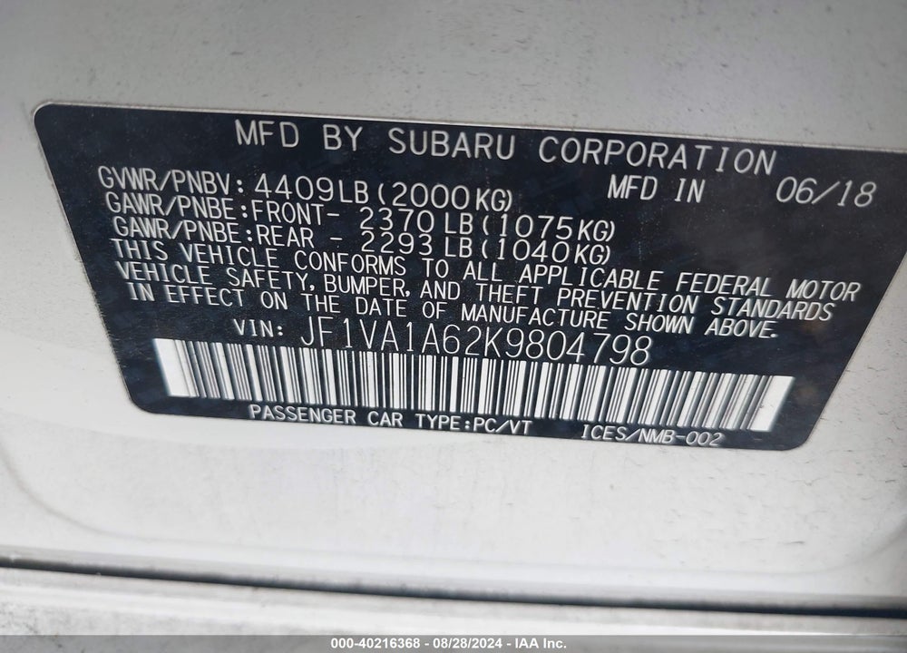 2019 SUBARU WRX VIN: JF1VA1A62K9804798