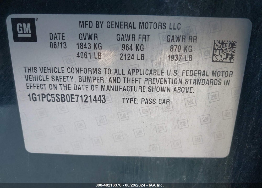 2014 CHEVROLET CRUZE 1LT AUTO VIN: 1G1PC5SB0E7121443
