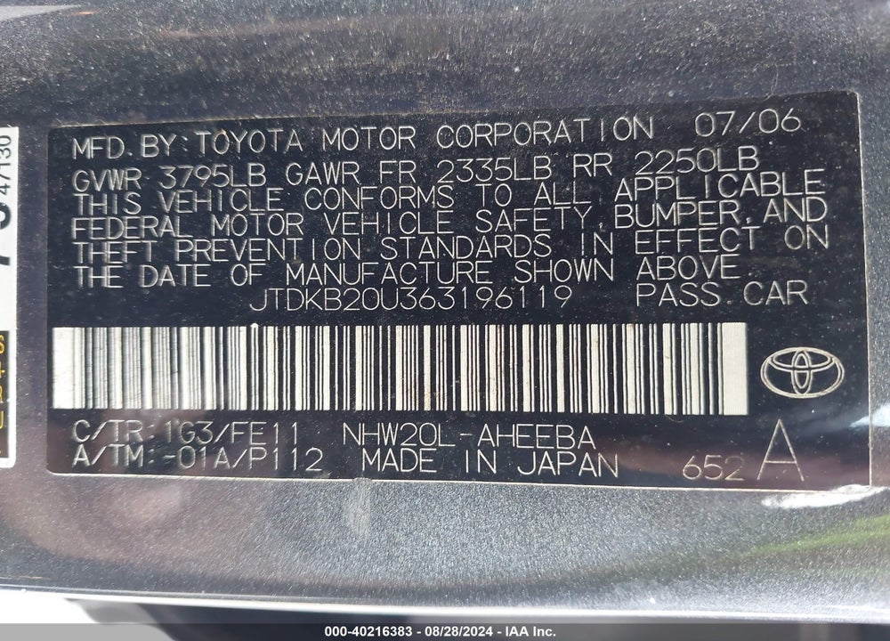 2006 TOYOTA PRIUS VIN: JTDKB20U363196119