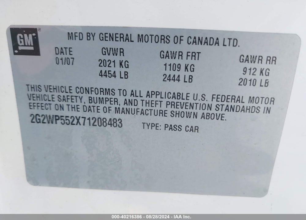 2007 PONTIAC GRAND PRIX VIN: 2G2WP552X71208483