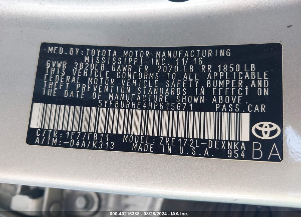 2017 TOYOTA COROLLA LE VIN: 5YFBURHE4HP615671
