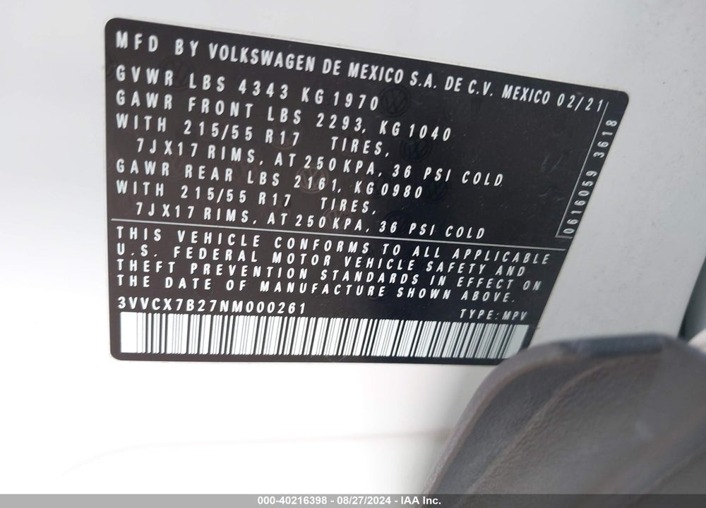 2022 VOLKSWAGEN TAOS 1.5T S VIN: 3VVCX7B27NM000261
