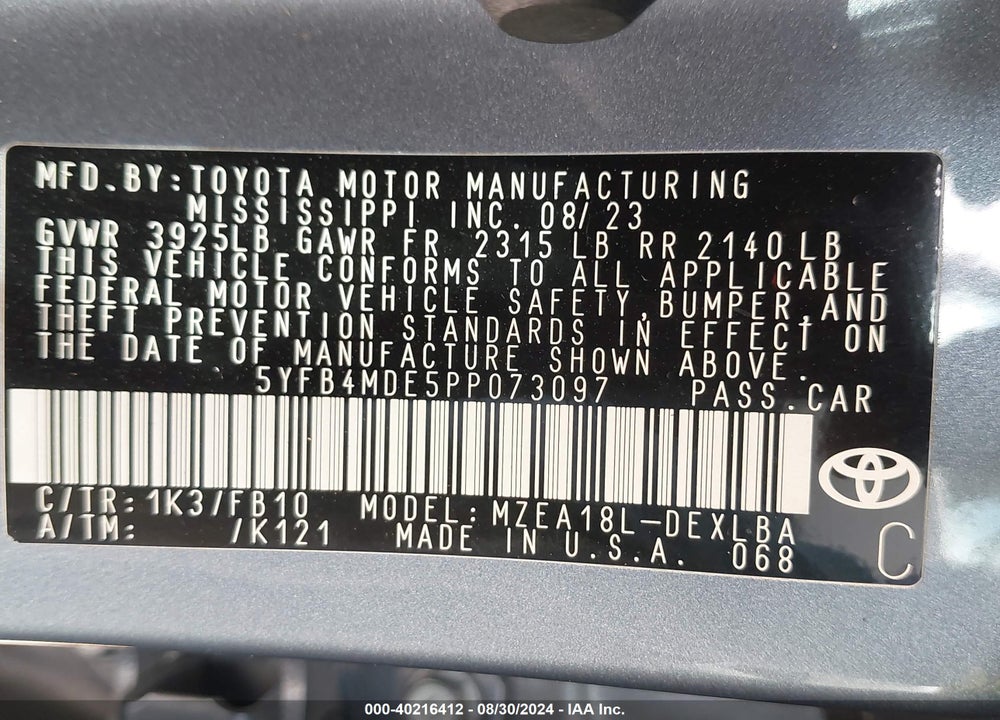 2023 TOYOTA COROLLA LE VIN: 5YFB4MDE5PP073097