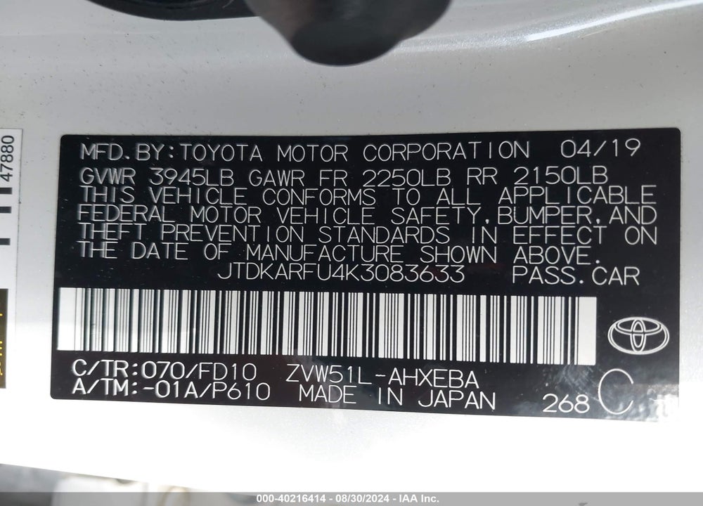 2019 TOYOTA PRIUS LE VIN: JTDKARFU4K3083633
