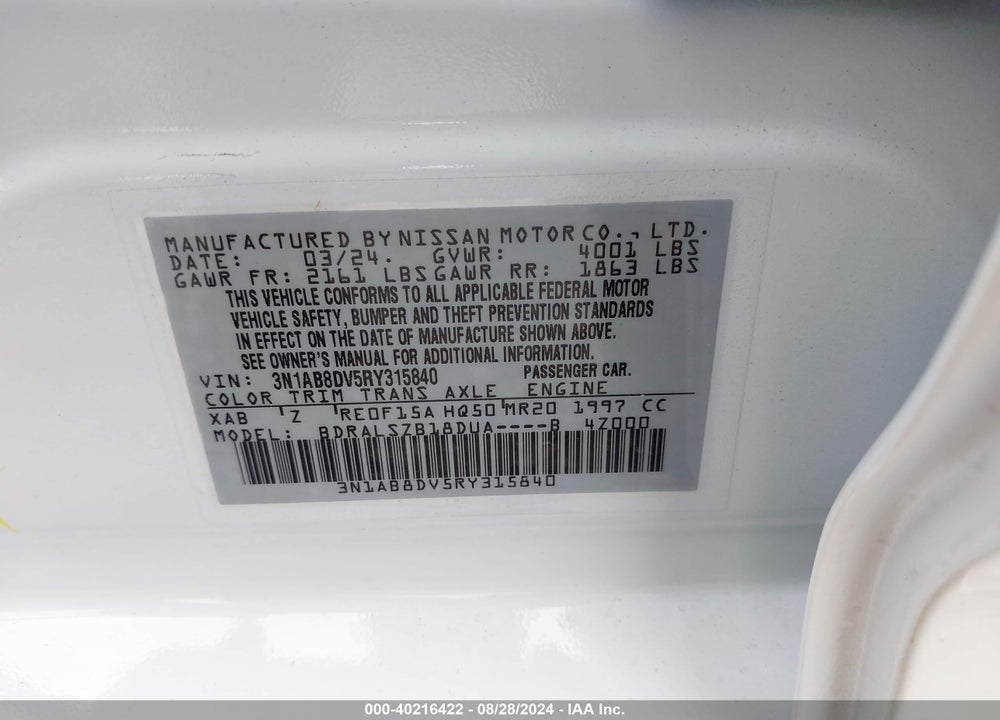 2024 NISSAN SENTRA SR XTRONIC CVT VIN: 3N1AB8DV5RY315840