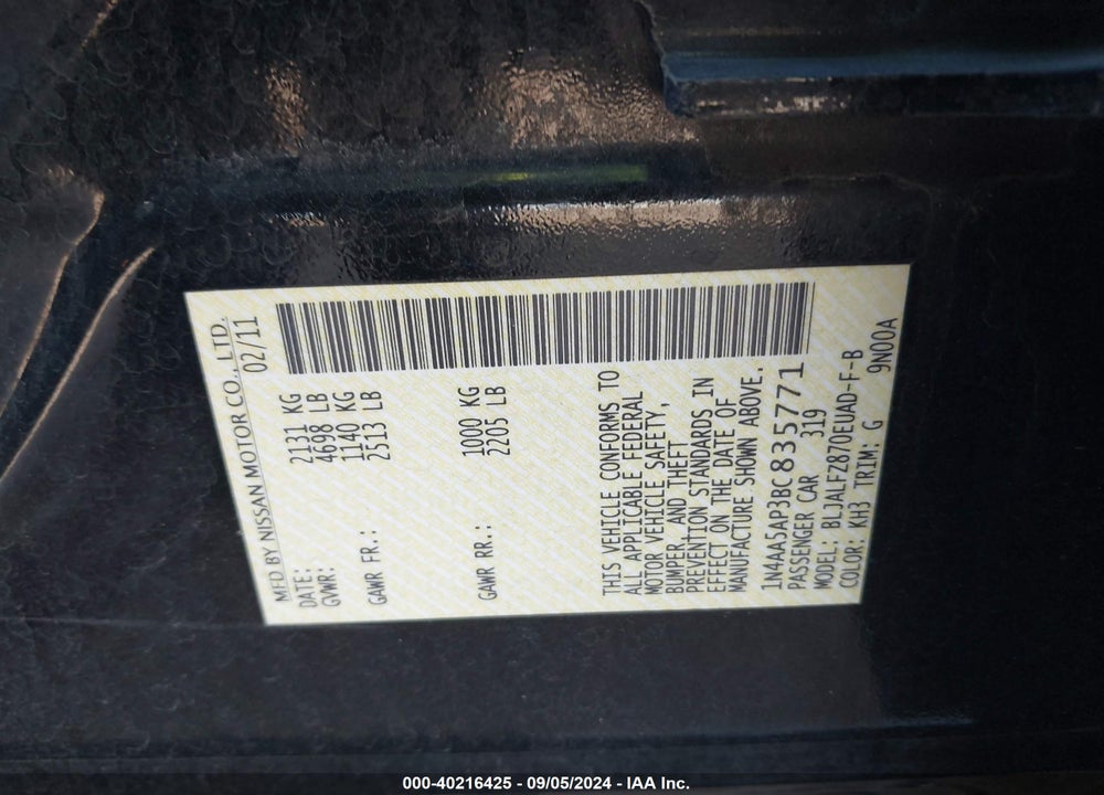 2011 NISSAN MAXIMA 3.5 SV VIN: 1N4AA5AP3BC835771