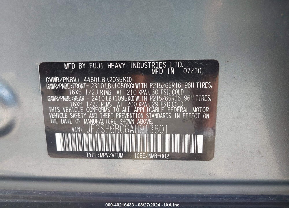2010 SUBARU FORESTER 2.5X VIN: JF2SH6BC6AH913801