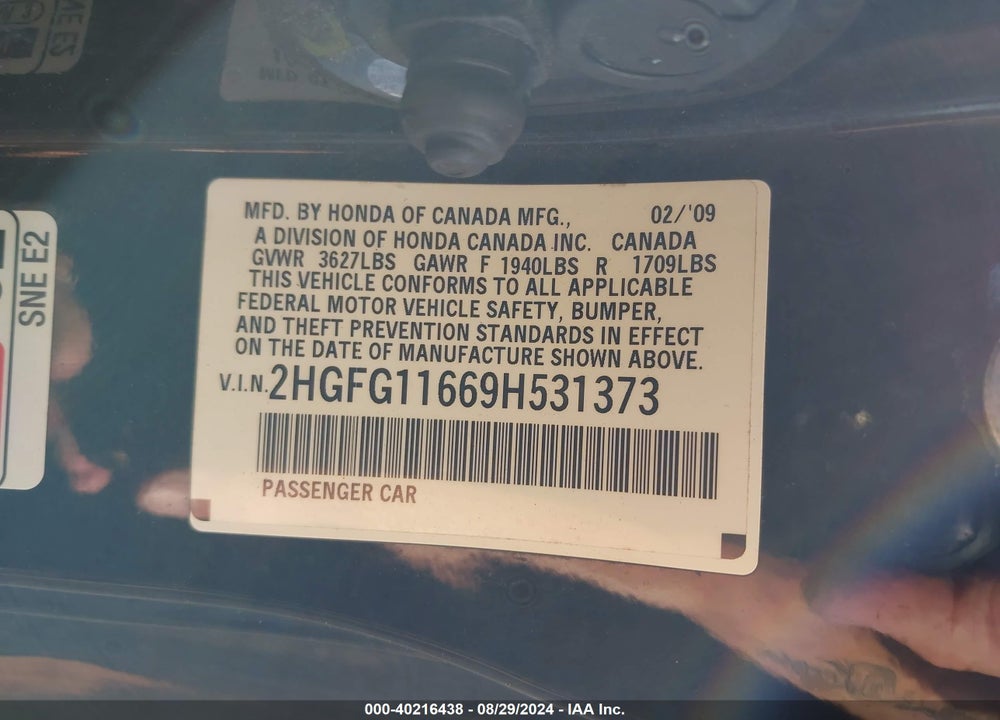 2009 HONDA CIVIC LX VIN: 2HGFG11669H531373