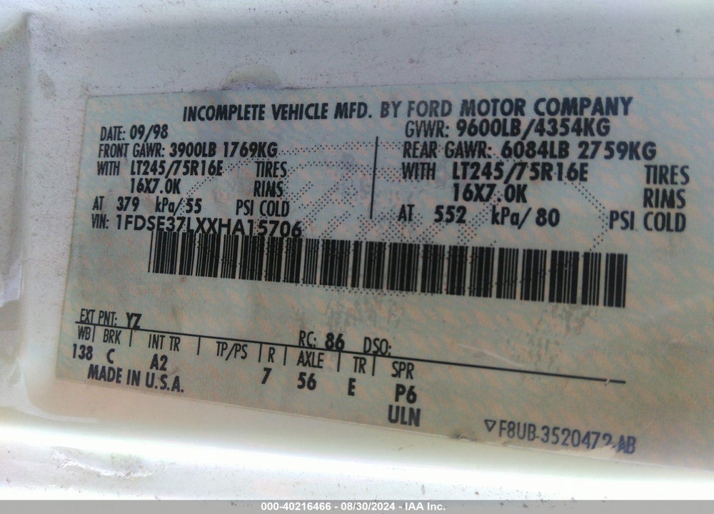 1999 FORD E-350 COMM. CUTAWAY STANDARD VIN: 1FDSE37LXXHA15706