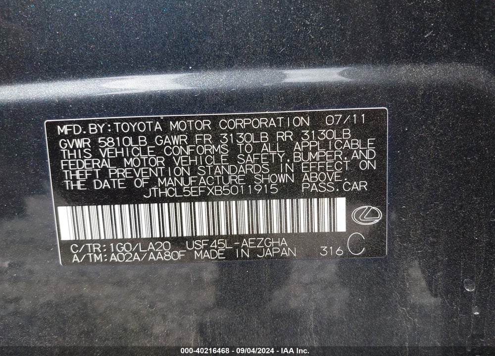 2011 LEXUS LS 460 VIN: JTHCL5EFXB5011915