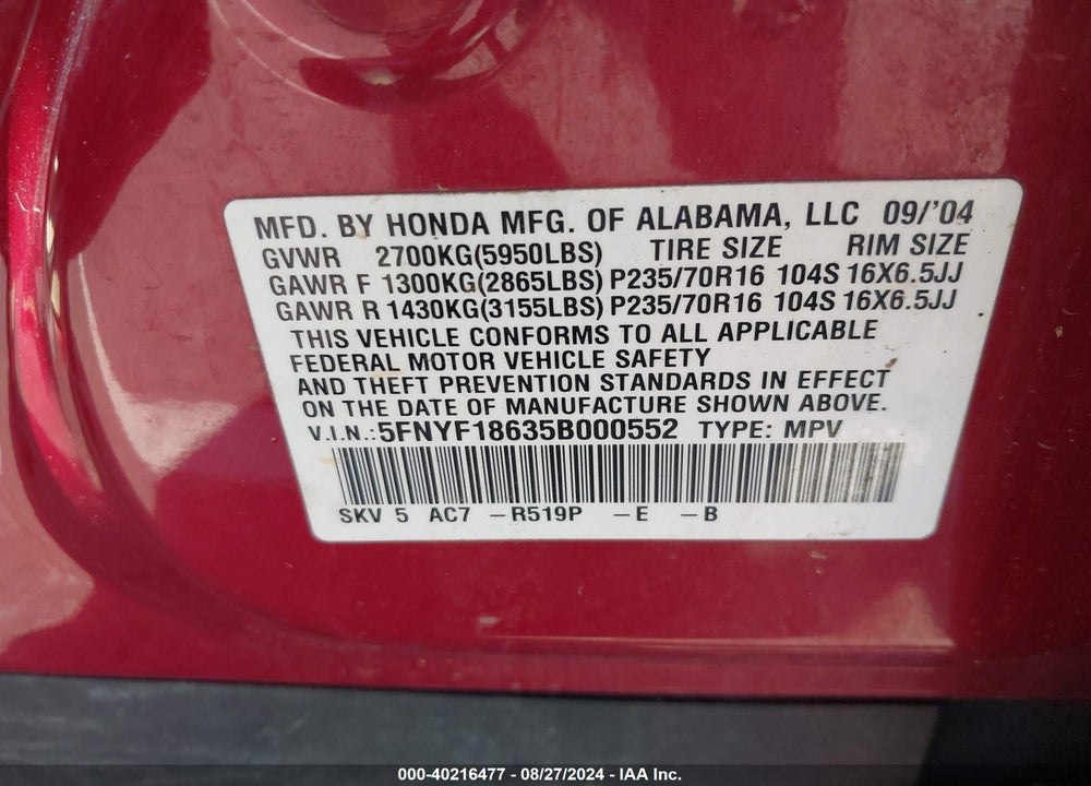 2005 HONDA PILOT EX-L VIN: 5FNYF18635B000552