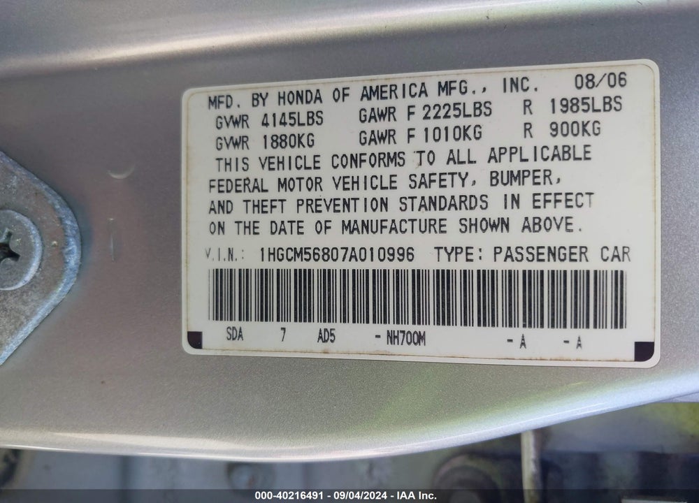2007 HONDA ACCORD 2.4 EX VIN: 1HGCM56807A010996