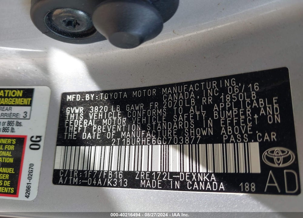 2016 TOYOTA COROLLA LE VIN: 2T1BURHE6GC703877