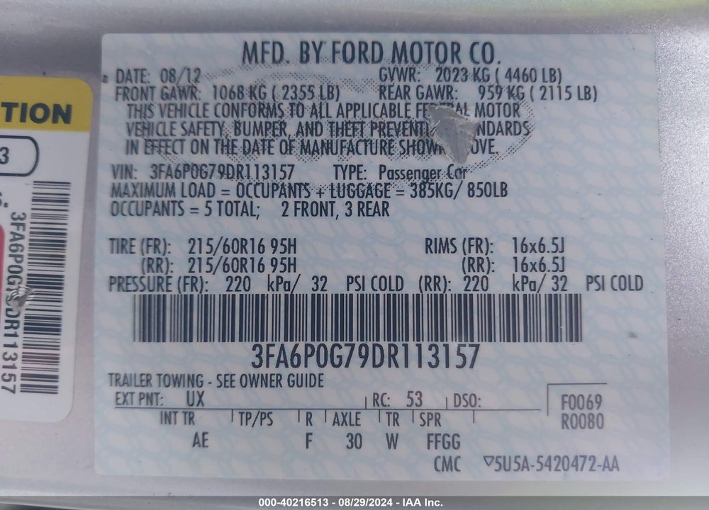 2013 FORD FUSION S VIN: 3FA6P0G79DR113157