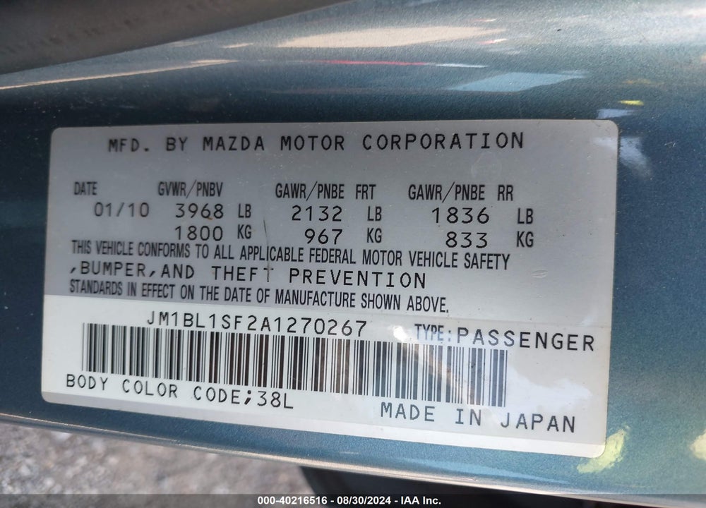 2010 MAZDA 3 I TOURING VIN: JM1BL1SF2A1270267